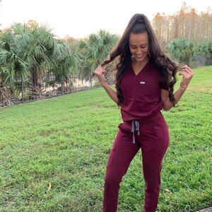 Figs Women's Burgundy Short Sleeve Top and matching bottoms
